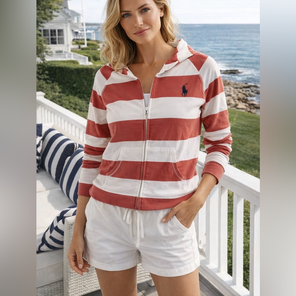 Ralph Lauren Red and White Striped Zip Hoodie
